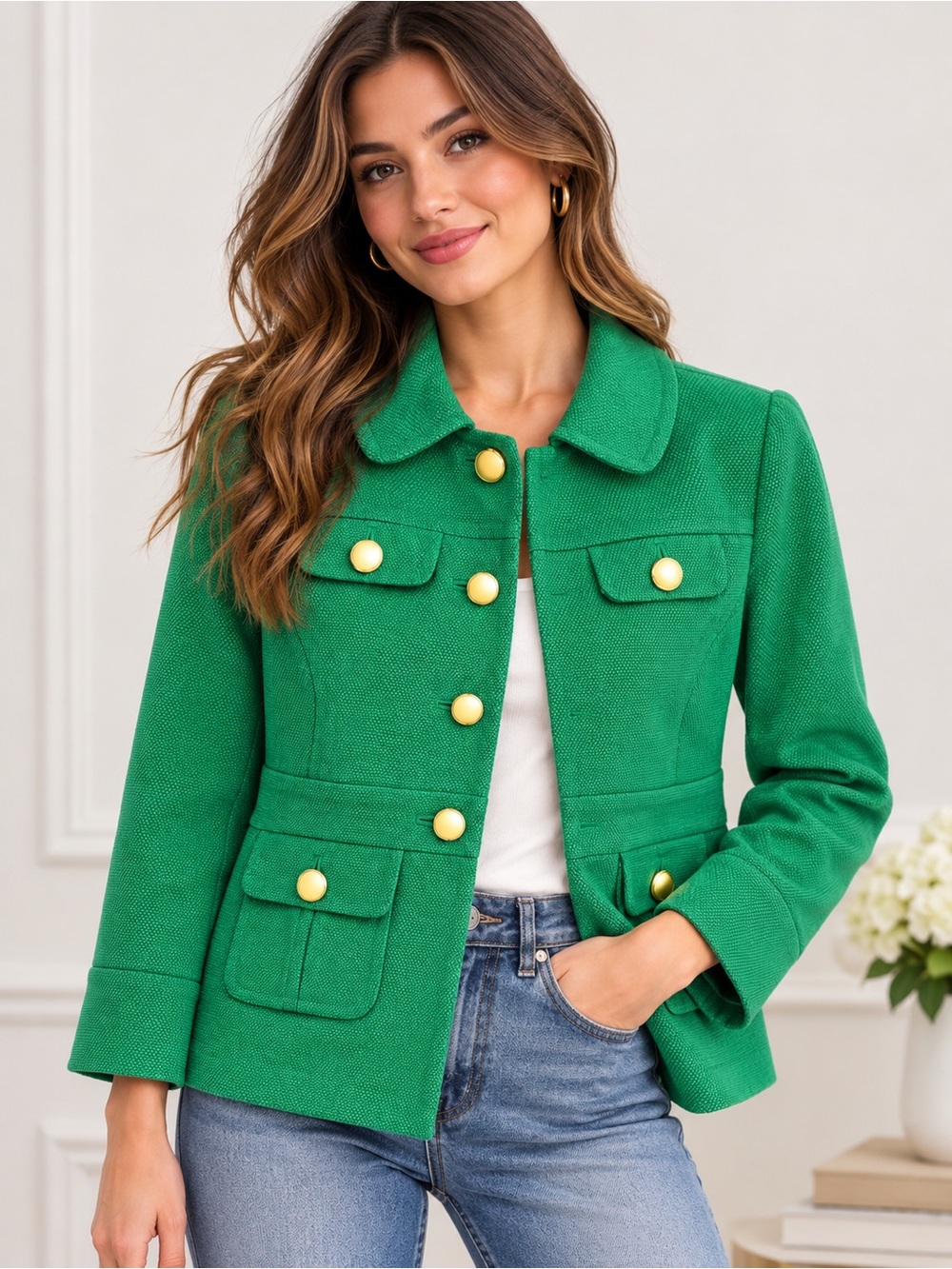 Halogen Emerald Green Mod Jacket Gold Buttons Preppy Chic Large